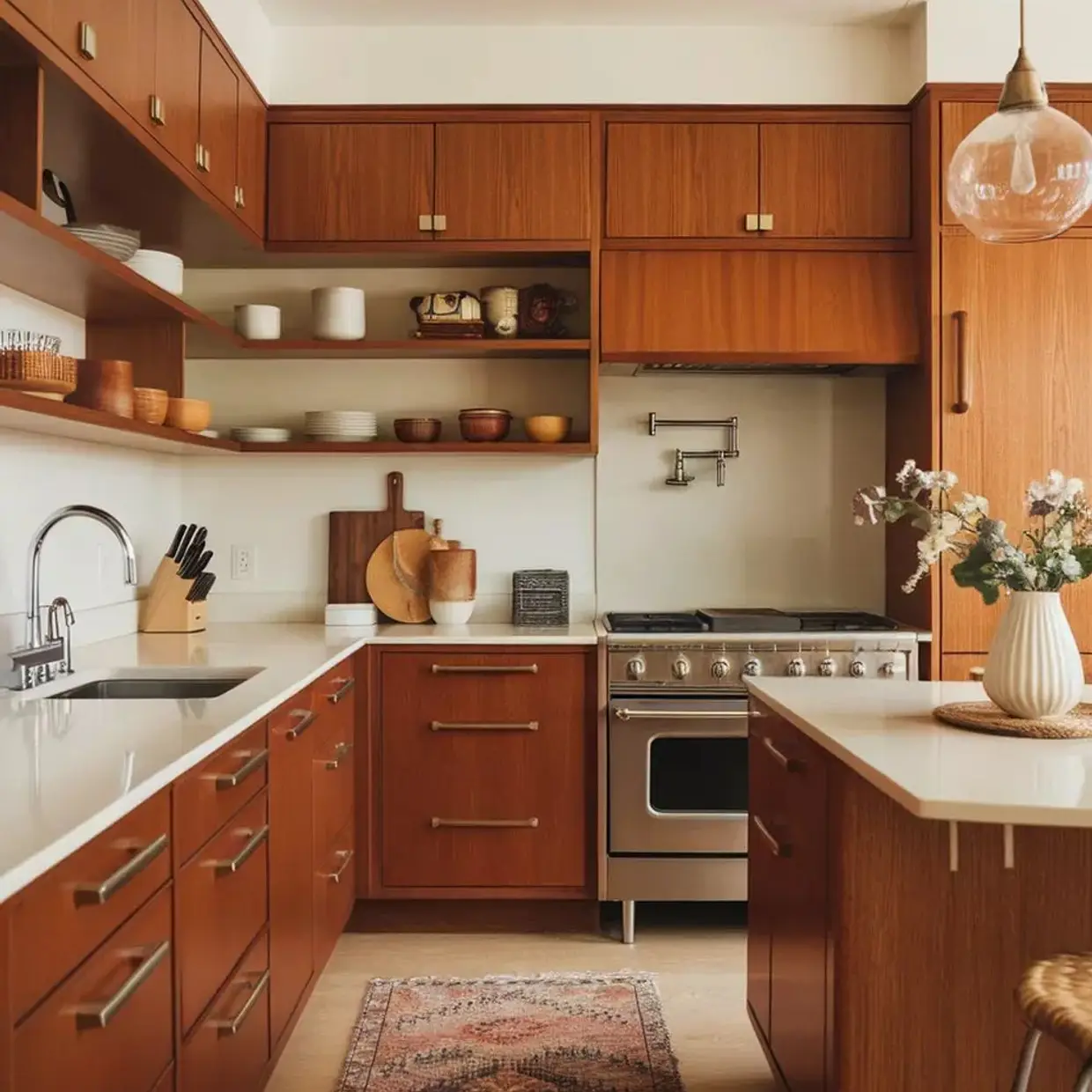 Mid-century kitchen with walnut cabinets and quartz countertops
